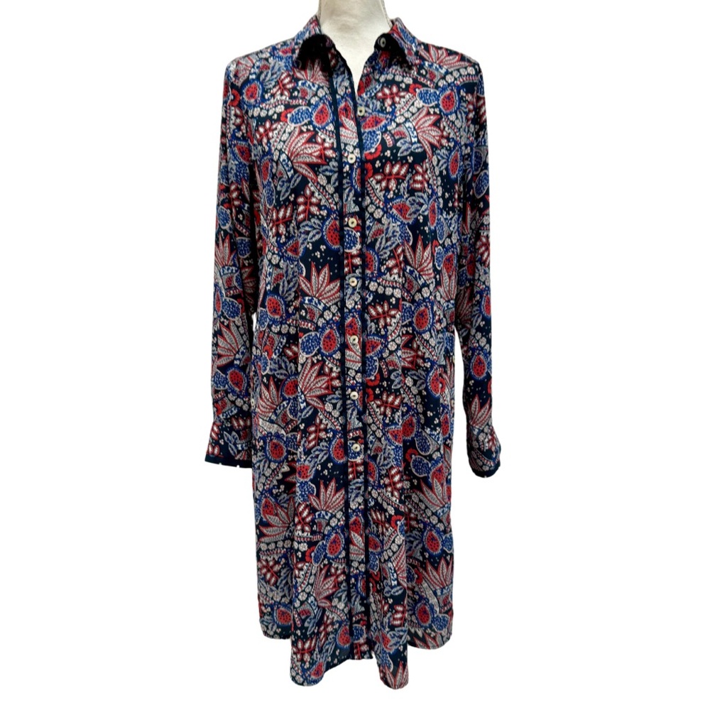 NWOT Foxcroft Red, White & Blue Paisley Collared Shirt Dress | Long Sleeves (8)